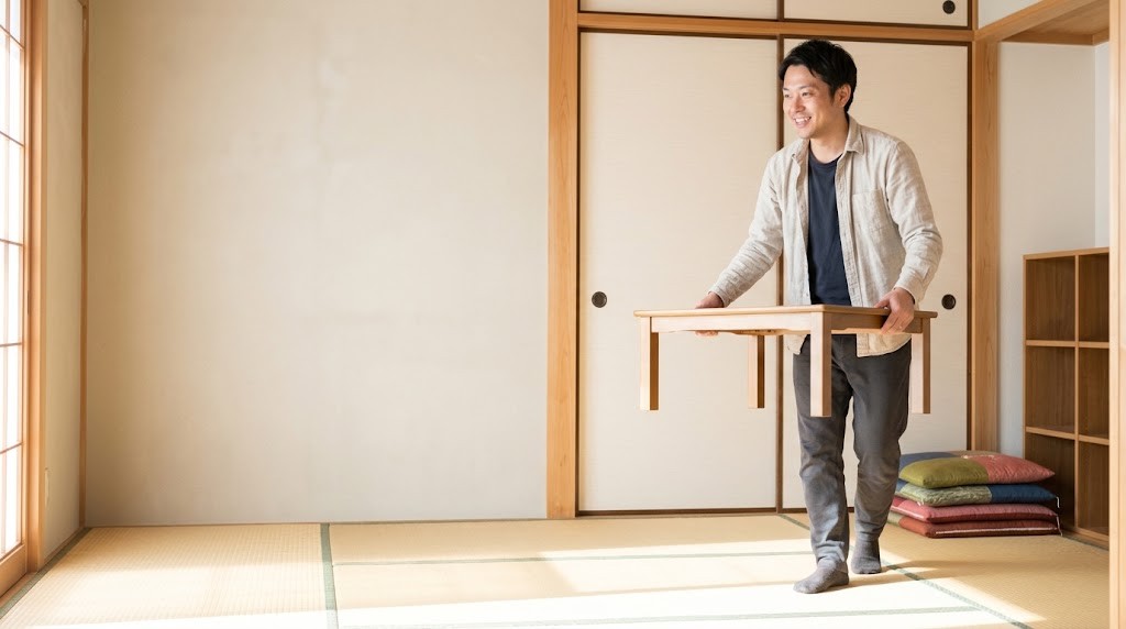 フリースクールの開業資金を抑えるため、自宅の和室に机を運び入れて教室の準備をする場面(イメージ)