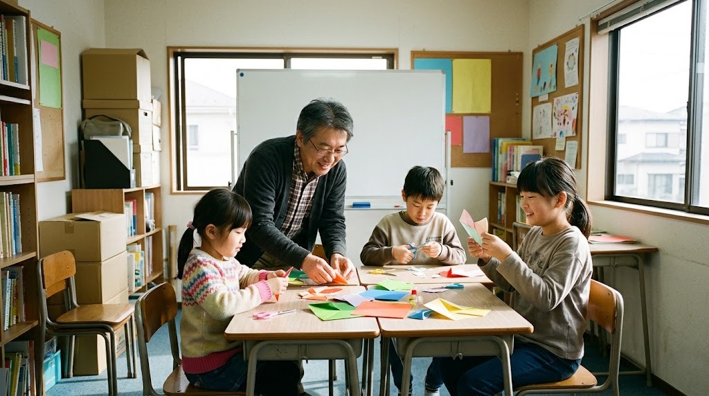 フリースクールの経営を学習塾の空き時間で成り立たせる例として、昼前の教室で塾長と子どもが折り紙をする場面(イメージ)