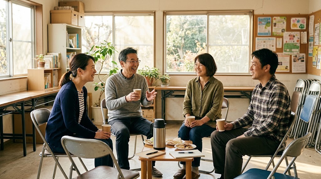 フリースクールの経営を一人で抱えず、教室を運営する仲間どうしが輪になって語り合う場面(イメージ)