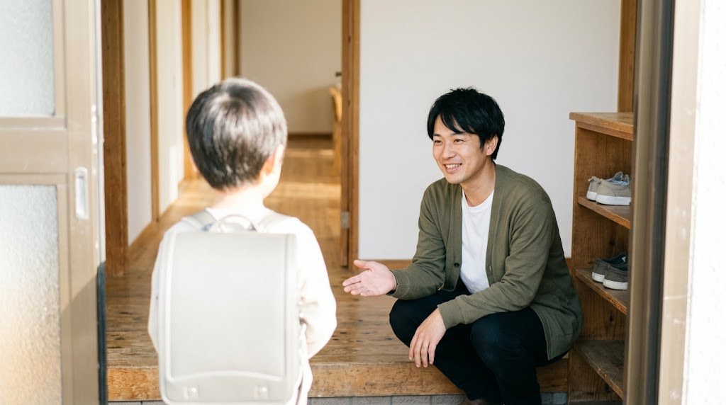 フリースクールで教員免許の有無にかかわらず、朝の入口で子どもを笑顔で迎える男性スタッフ（イメージ）