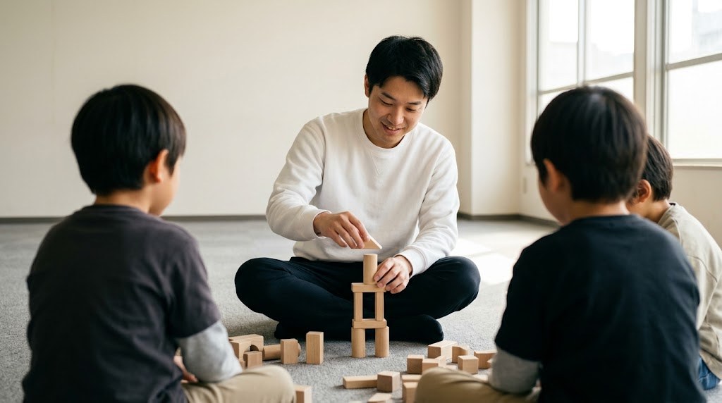 フリースクールに教員免許なしで関わる第一歩として、ボランティアで積み木遊びに加わる若い男性（イメージ）