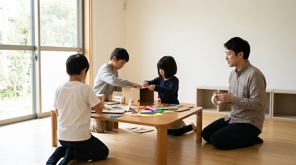 フリースクールの教室長が募集後に開いた昼の教室で、工作をする小学生のそばに座って見守る場面（イメージ）