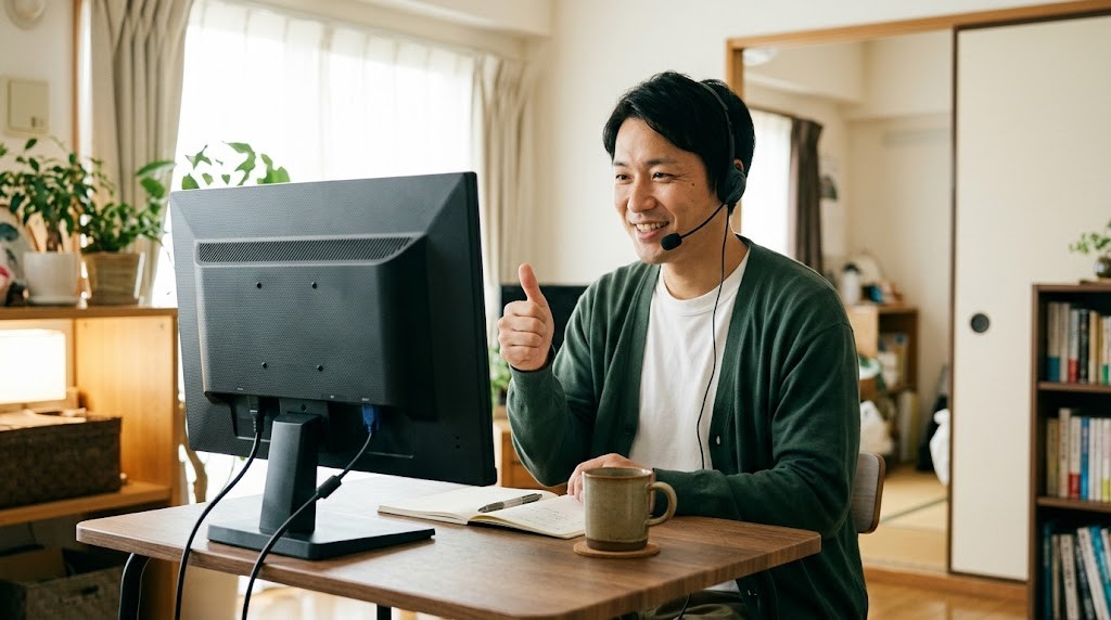 フリースクールの求人のうち在宅の仕事として、自宅の机から画面の向こうの子どもに笑顔で応えるスタッフの場面（イメージ）