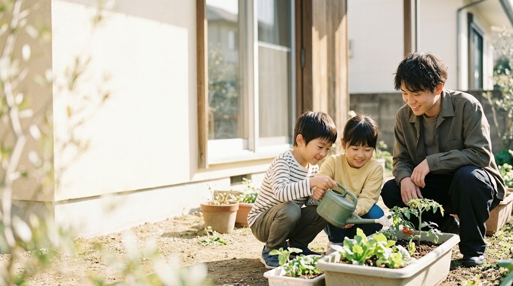 フリースクールの求人に応募した先で、スタッフが庭で子どもたちと野菜に水をやる場面（イメージ）