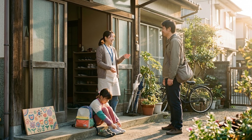 フリースクールの求人で入ったスタッフが、夕方の玄関先でお迎えに来た保護者と笑顔で話す場面（イメージ）