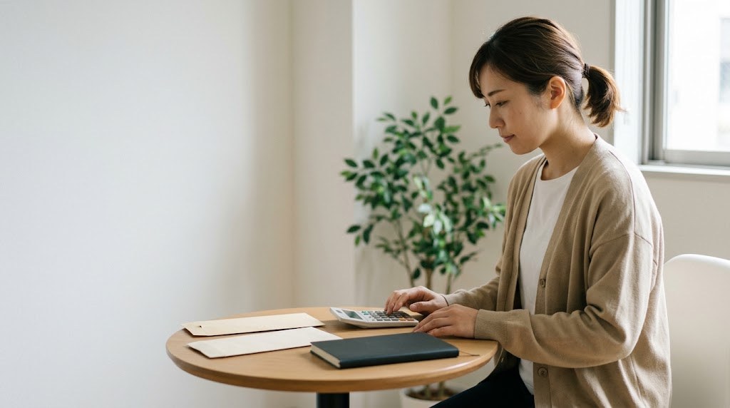 フリースクール職員の給料を、電卓と封筒を前に落ち着いて確かめる女性スタッフの場面(イメージ)