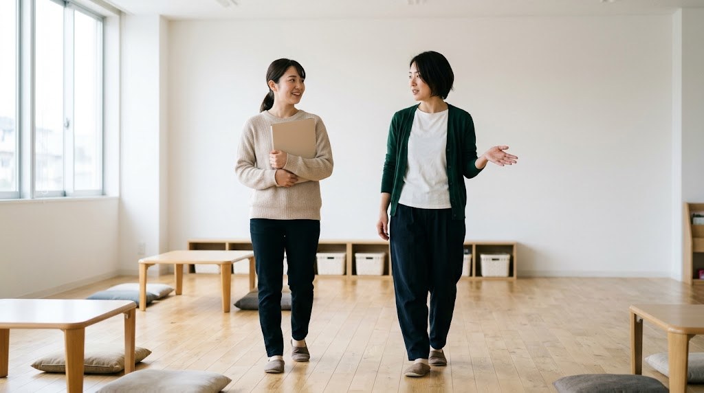 未経験からフリースクール職員になった女性が、先輩に教室を案内してもらう研修の場面(イメージ)