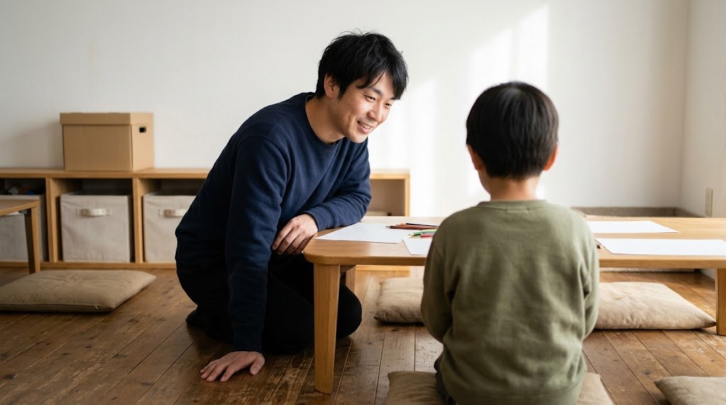 フリースクール職員の給料の前に知りたい仕事内容。低い机で子どもの学びに寄り添う男性スタッフ(イメージ)
