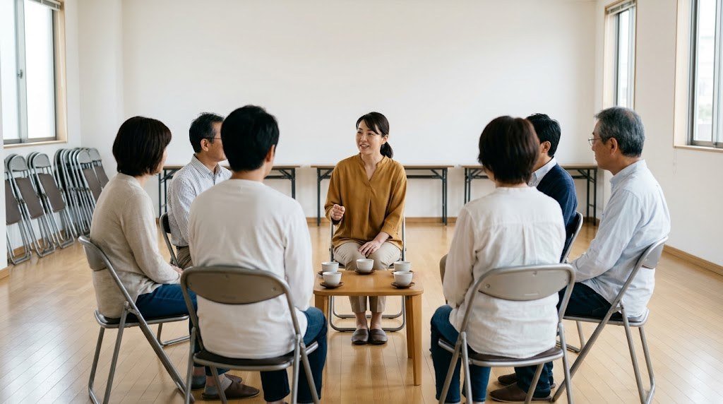 フリースクールの広報として、地域の集会室で保護者に教室の説明会を開く様子(イメージ)