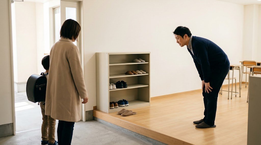 フリースクールの生徒の集め方として、見学に来た親子を教室の入り口で迎える主宰者(イメージ)