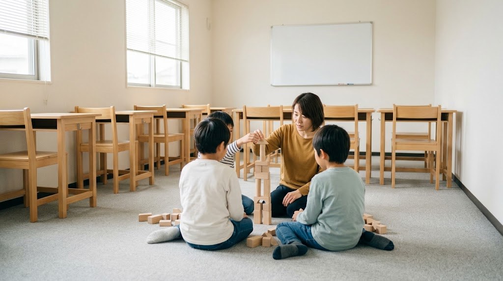 フリースクールの収入源の1つになる昼間の教室で、子ども数人と大人が床で活動する様子(イメージ)