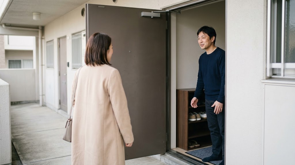 フリースクールの収入源を支える保護者と、教室の入り口で立ち話をする主宰者(イメージ)