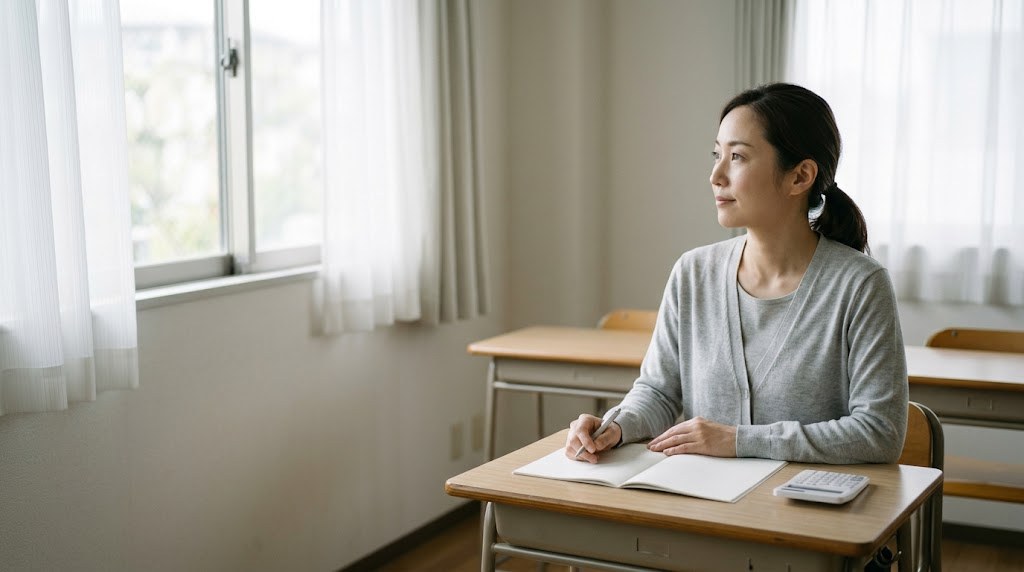 フリースクールの収入源を考えながら、昼間の小さな教室でノートを開く主宰者(イメージ)