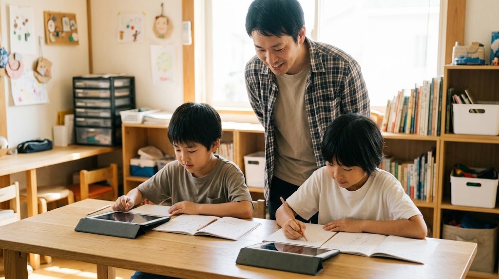 フリースクールの出席扱いの判断材料になる学習のようすとして、子どもがタブレットとノートで学びスタッフが見守る場面（イメージ）