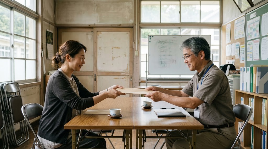 フリースクールの出席扱いに向けて、教室長が学校の先生に子どもの学習の記録を手渡す場面（イメージ）