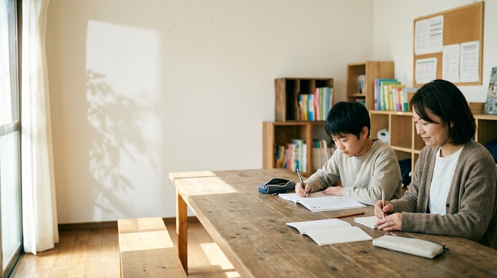 フリースクールの出席扱いに欠かせない学習の記録を、学ぶ子どもの隣でスタッフが書き留める場面（イメージ）