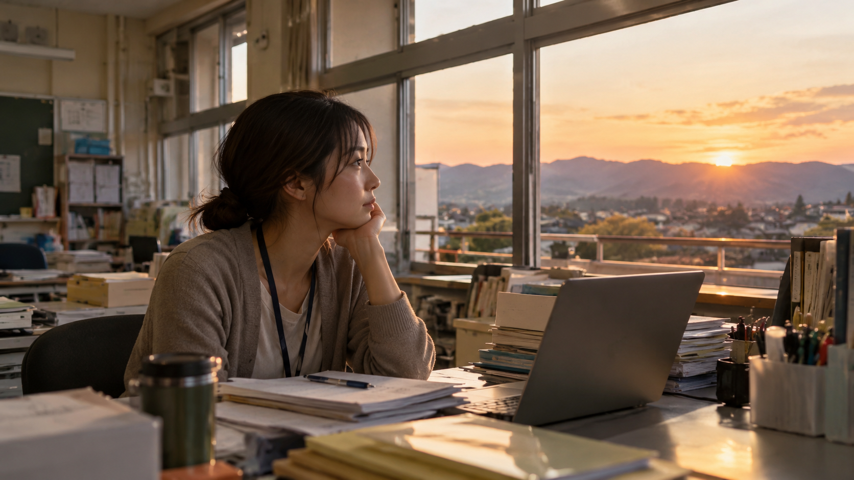 福島の教員が夕方の職員室で手を止めて考える30代の先生（イメージ）