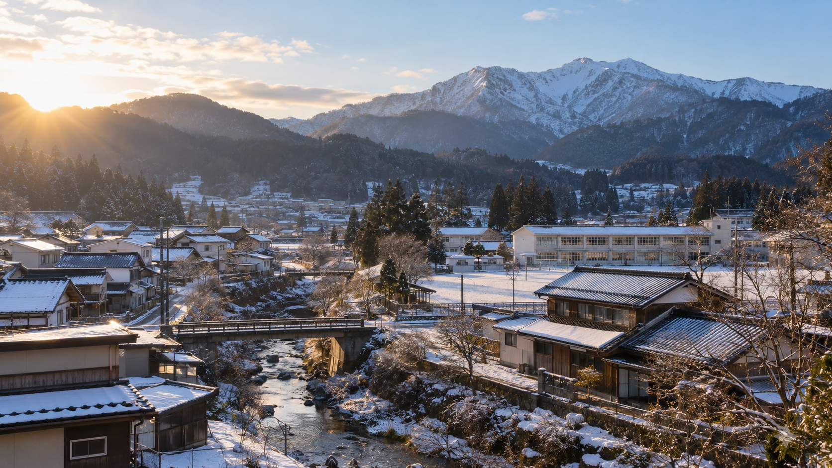 福島の教員が異動先を考える、雪の残る山あいの町の朝の景色（イメージ）