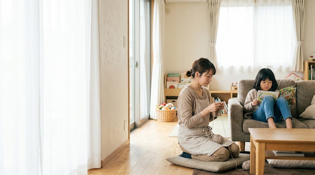 不登校の子の居場所づくりで大切にしたい、子どもがソファで本を読み大人がそばで見守る場面（イメージ）