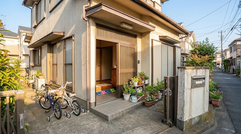 不登校の子の居場所づくりを自宅で始めた例として、玄関が開いて子どもの靴と自転車が並ぶ民家の場面（イメージ）