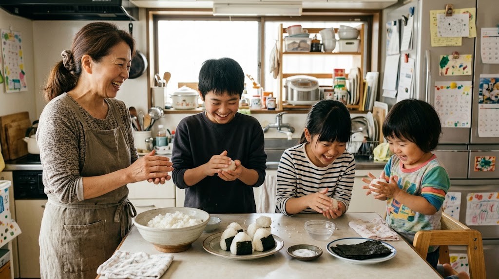 不登校の子の居場所づくりに取り組む大人と子どもたちが、台所で一緒におにぎりをにぎって笑う場面（イメージ）
