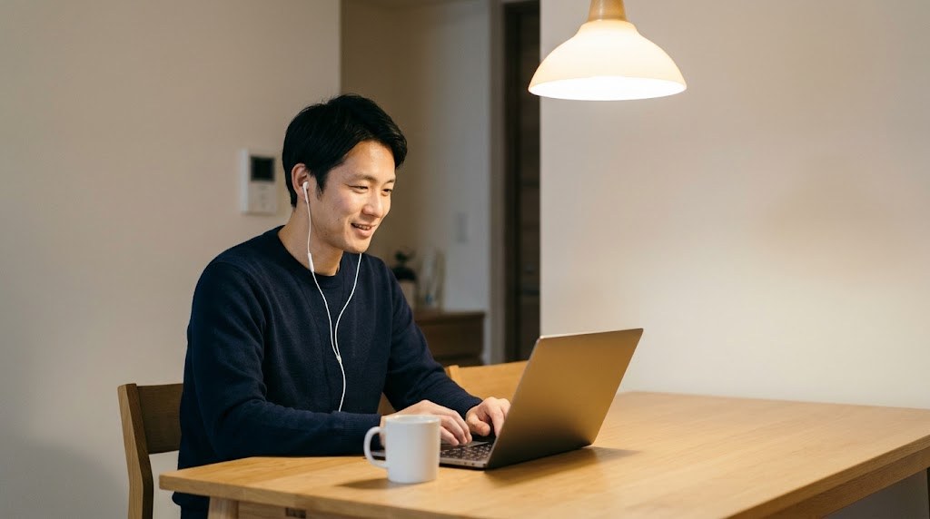 学級崩壊で担任を辞めたいと感じた30代の先生が、夜の自宅でオンラインで他校の先生に相談する場面(イメージ)