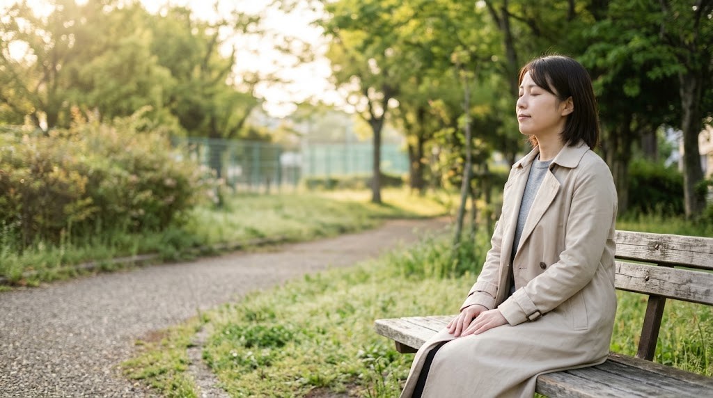 学級崩壊で担任を辞めたいと悩む20代の先生が、早朝の公園のベンチで深呼吸してひと息つく場面(イメージ)