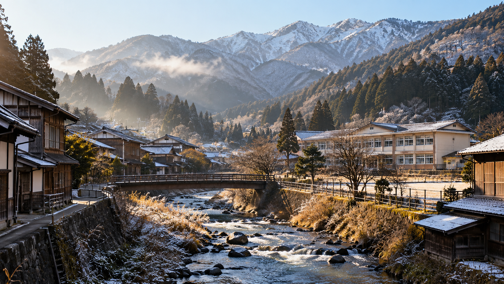 岐阜の教員が異動先を考える、山深い飛騨の町の朝の景色（イメージ）