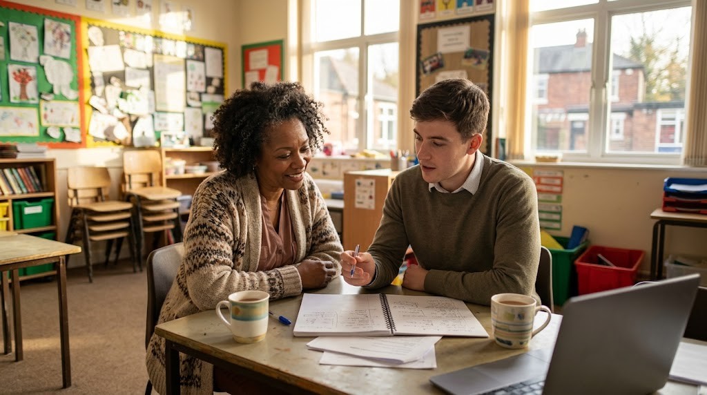 A head teacher encourages a newly qualified teacher as he shows her his planning notebook in an empty classroom after lessons (illustrative image)