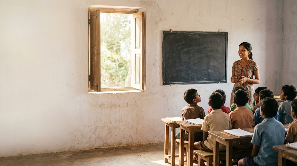 A young teacher smiles as she speaks to attentive primary-age children in a simple, sunlit village classroom (illustrative image)