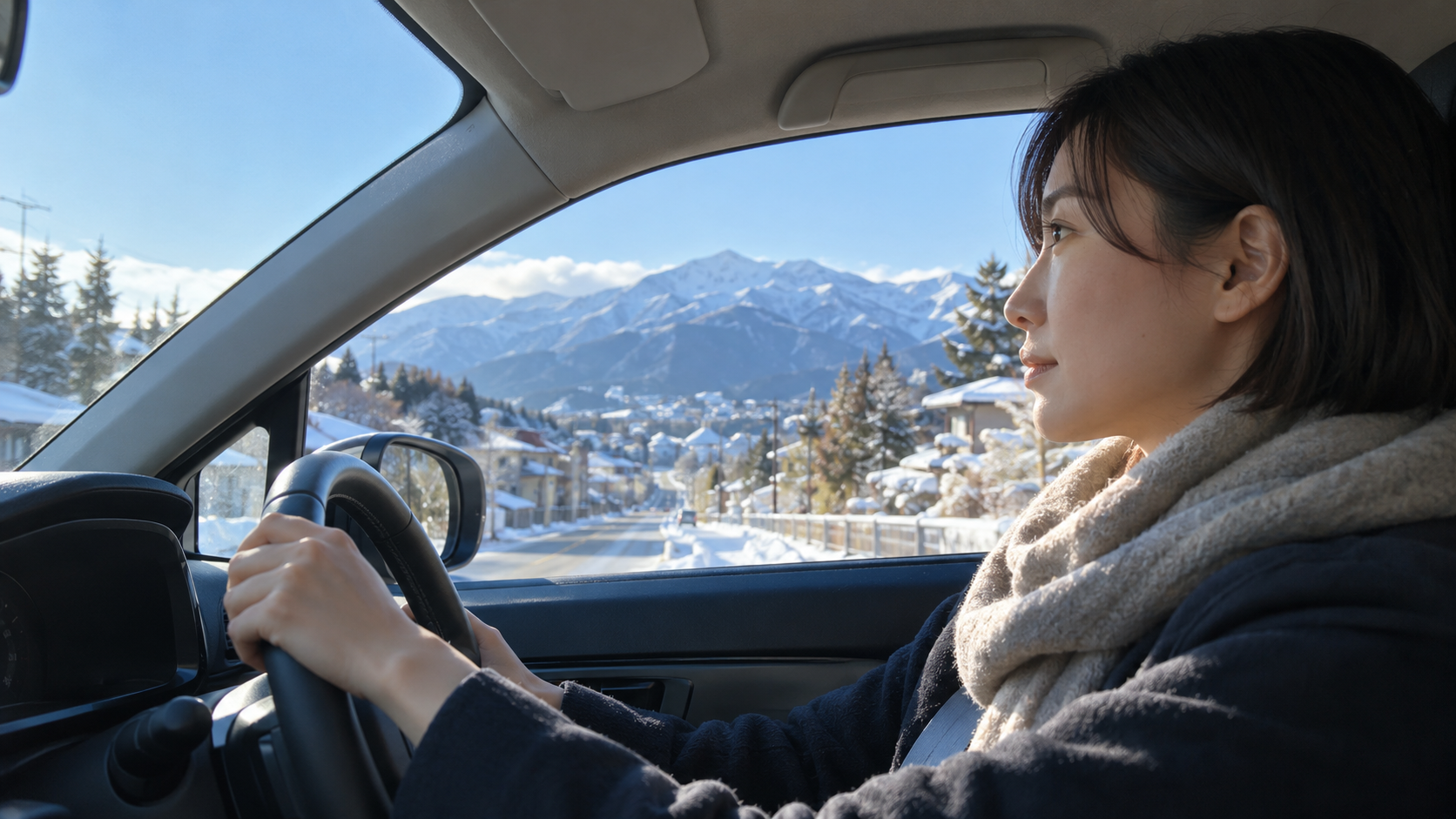 群馬の教員が冬の晴れた朝、住宅街の道を車で学校へ向かう30代の先生(イメージ)