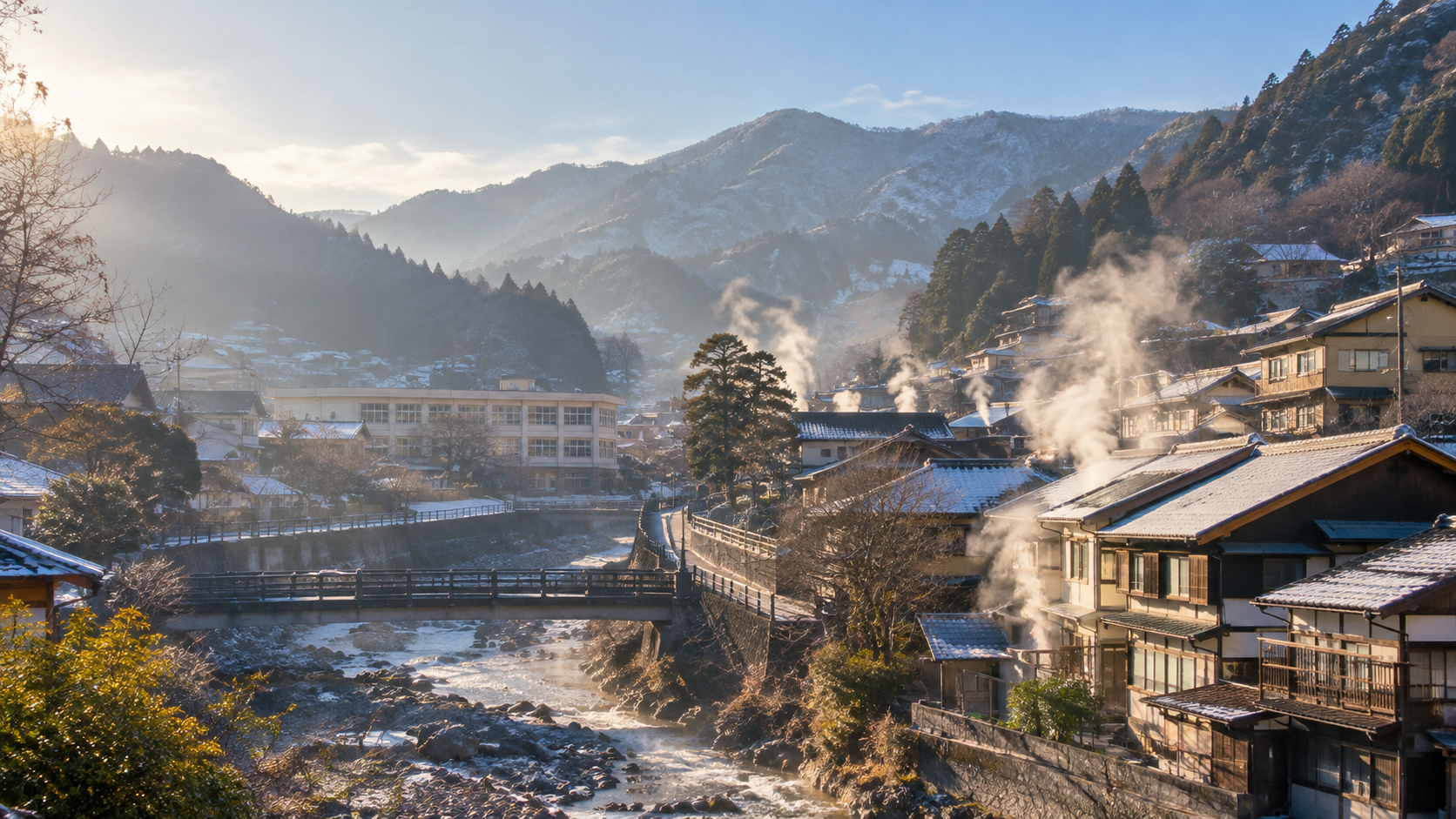 群馬の教員が異動先を考える、山あいの温泉町の朝の景色(イメージ)