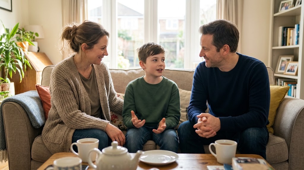A mother and father listen as their eleven-year-old son talks about his schooling on the living-room sofa (illustrative image)