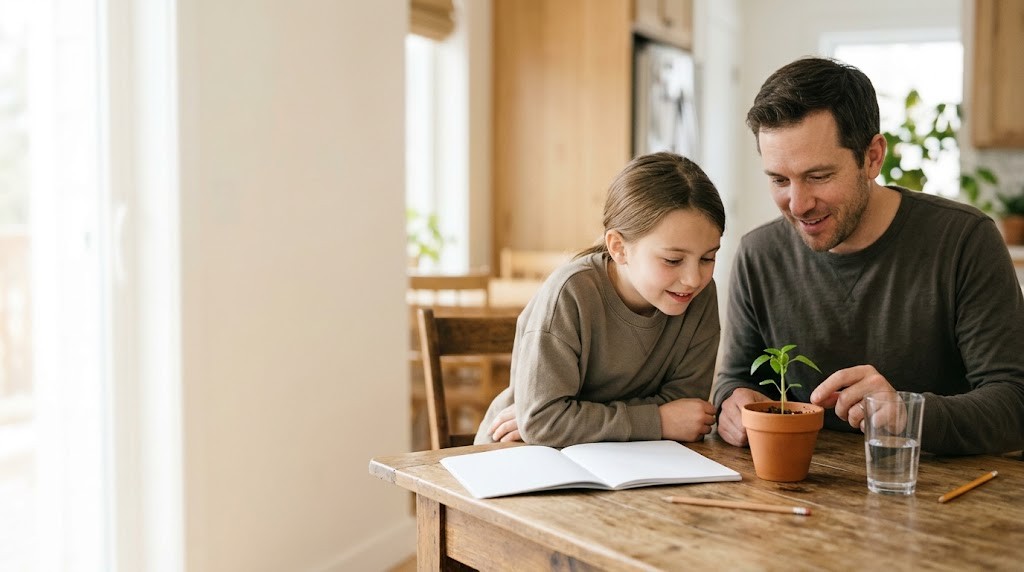 A father and his daughter study a small potted seedling together at a sunny kitchen table with an open notebook (illustrative image)