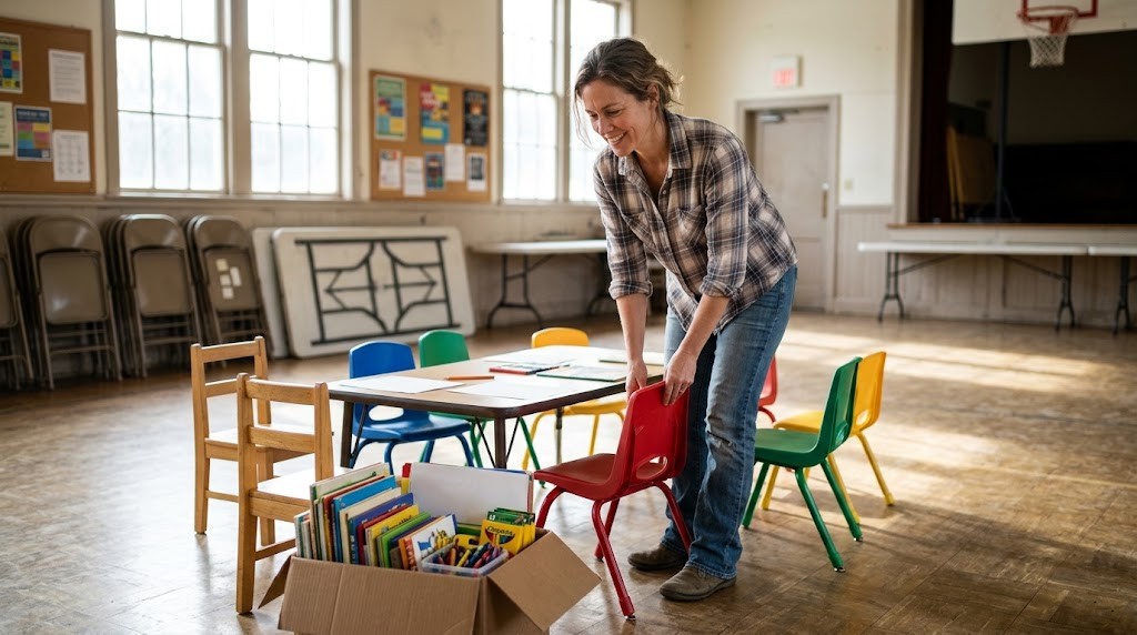 A parent setting up a small learning group arranges child-sized chairs around a table in a bright community hall (illustrative image)
