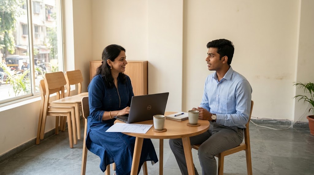 A founder in her thirties interviews a tutor candidate across a small table in a bright, newly rented room for a learning centre in an Indian city (illustrative image)