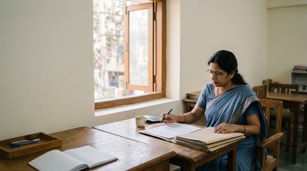 An Indian woman in her forties, dressed in a cotton saree, reviews a timetable and staff files at her desk in a quiet school office with a window (illustrative image)