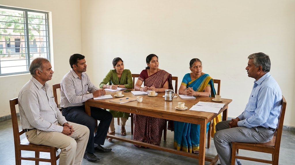A school principal in his fifties leads a staff meeting with five Indian teachers around a wooden table in a plain meeting room (illustrative image)