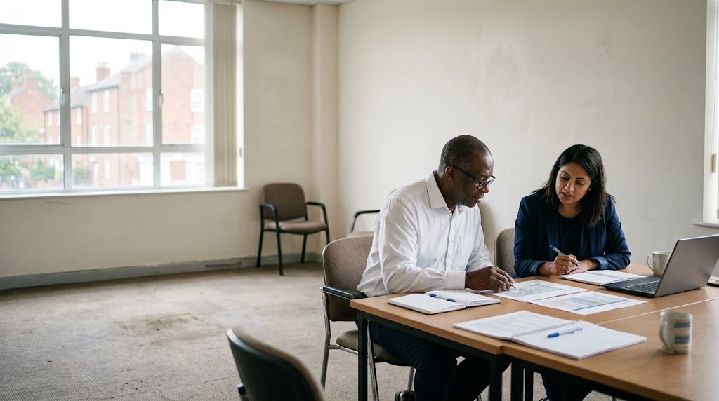 Two education professionals go through a plan together at a meeting table in a plain office in England (illustrative image)