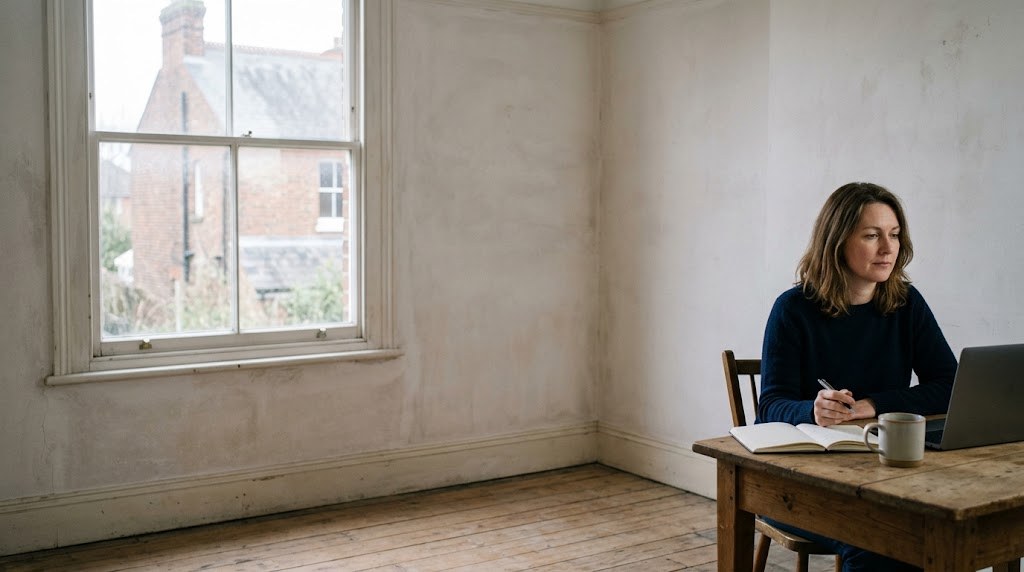 A woman in her forties plans an alternative provision at a desk by a window in a quiet, bare room in England (illustrative image)