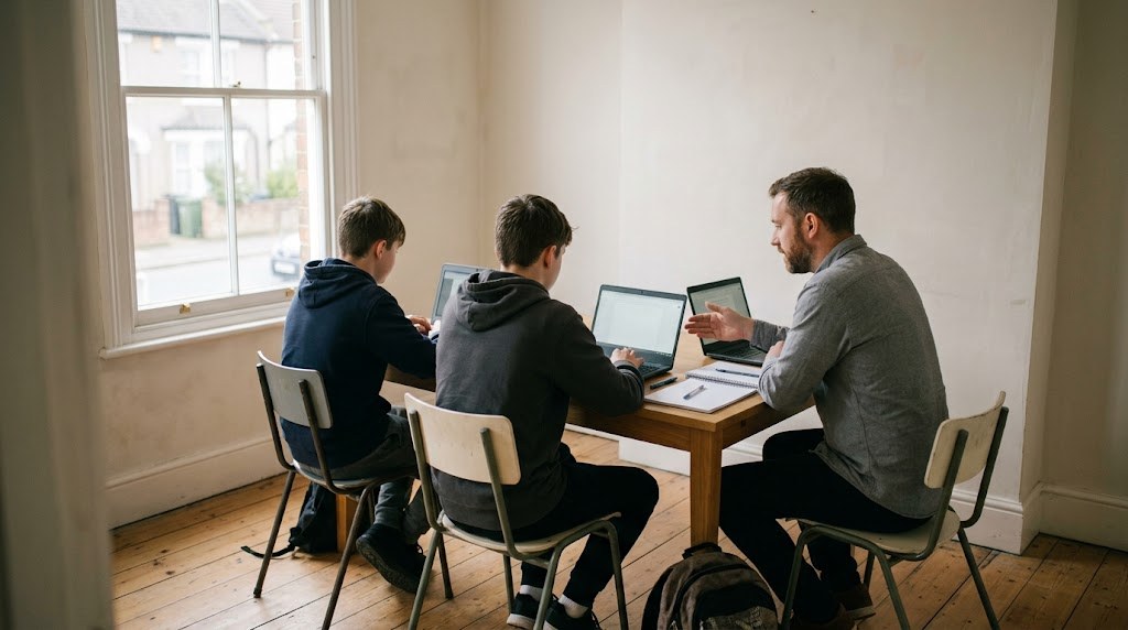 A male mentor in his thirties works with two teenagers on laptops in a small, calm learning room in England, seen from behind (illustrative image)