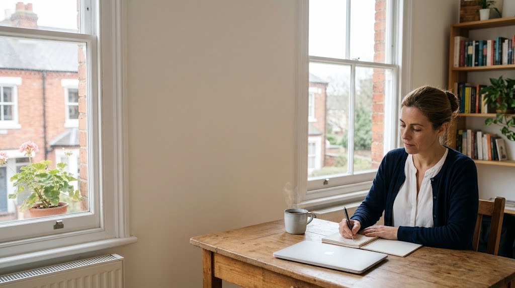 A British woman in her forties plans a new independent school at a desk by a sash window in a quiet, bare room in England (illustrative image)