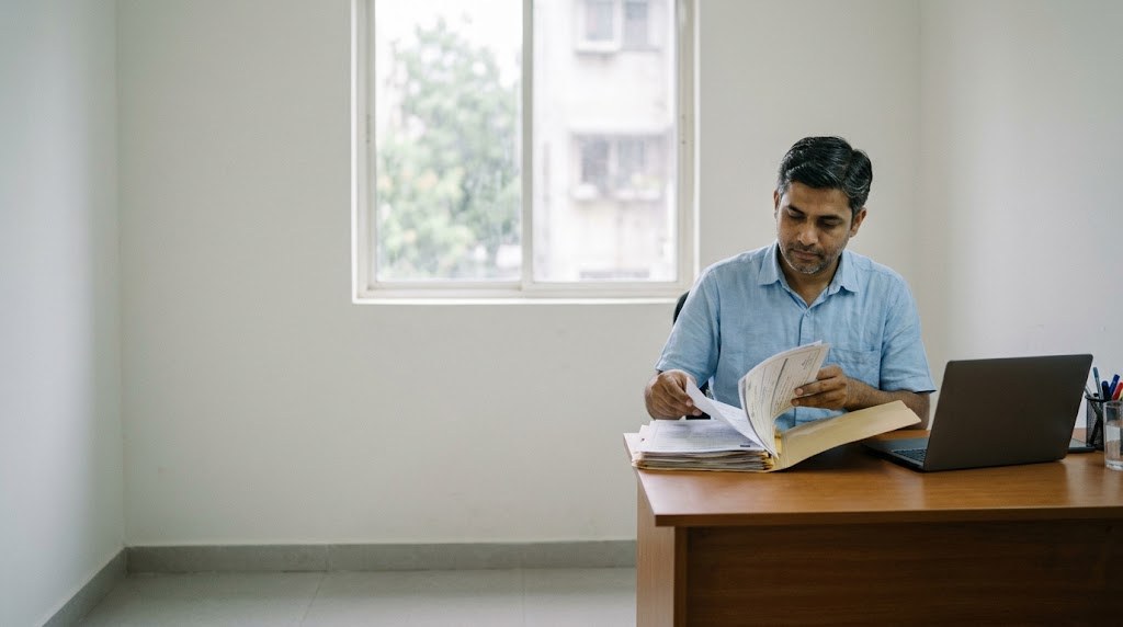 An Indian man in his forties sorts through a folder of school registration papers at a desk beside a large window in a quiet, empty office (illustrative image)