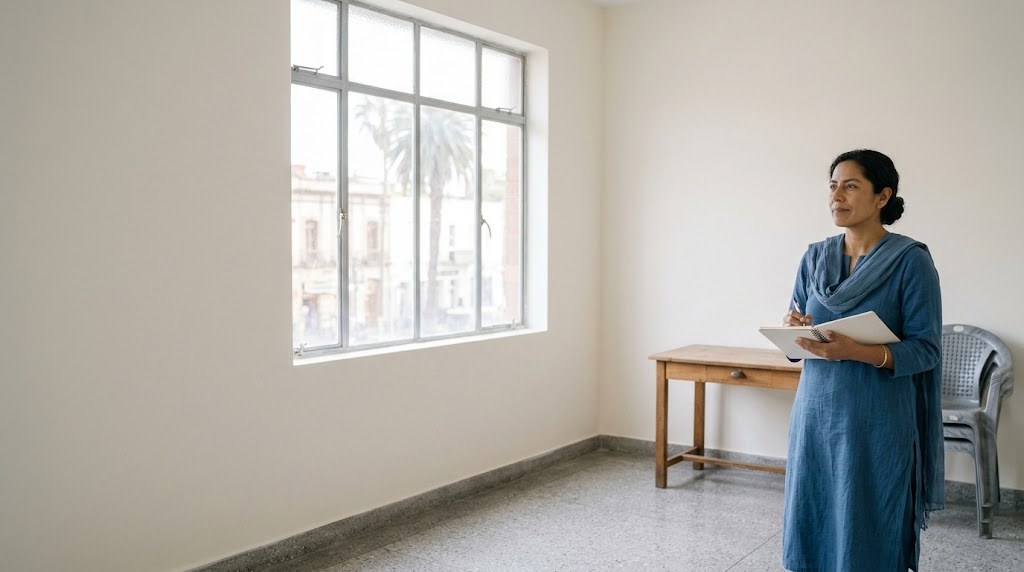 An Indian woman in her mid-thirties stands with a notebook in an empty, freshly painted ground-floor room she is about to rent for a coaching centre, with soft light from a window (illustrative image)