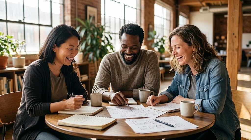 Three founders of small schools compare handwritten notes and paper plans at a round table in a sunny shared workspace (illustrative image)