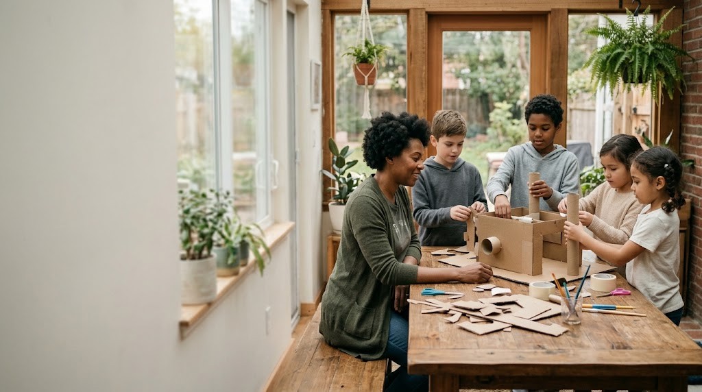A teacher and four children of mixed ages build a cardboard model together at one big table in a small garden-room school (illustrative image)