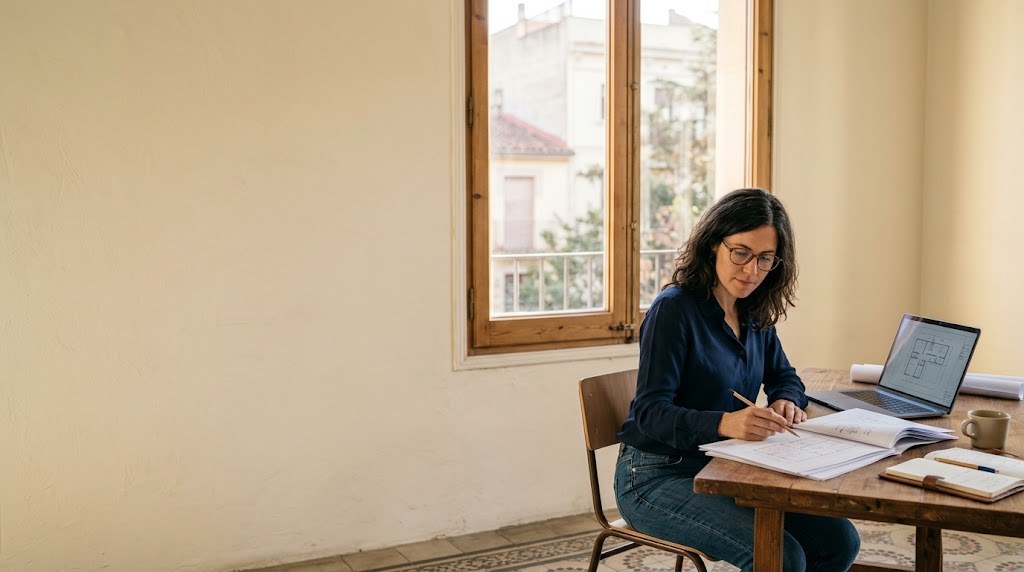 A microschool founder in her forties reviews printed state rules and a budget at a desk beside a bright window (illustrative image)