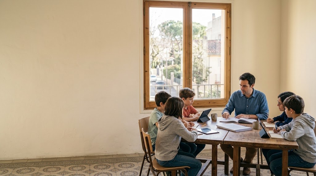 A teacher works with six children of mixed ages around two joined tables in a small, sunlit converted room (illustrative image)