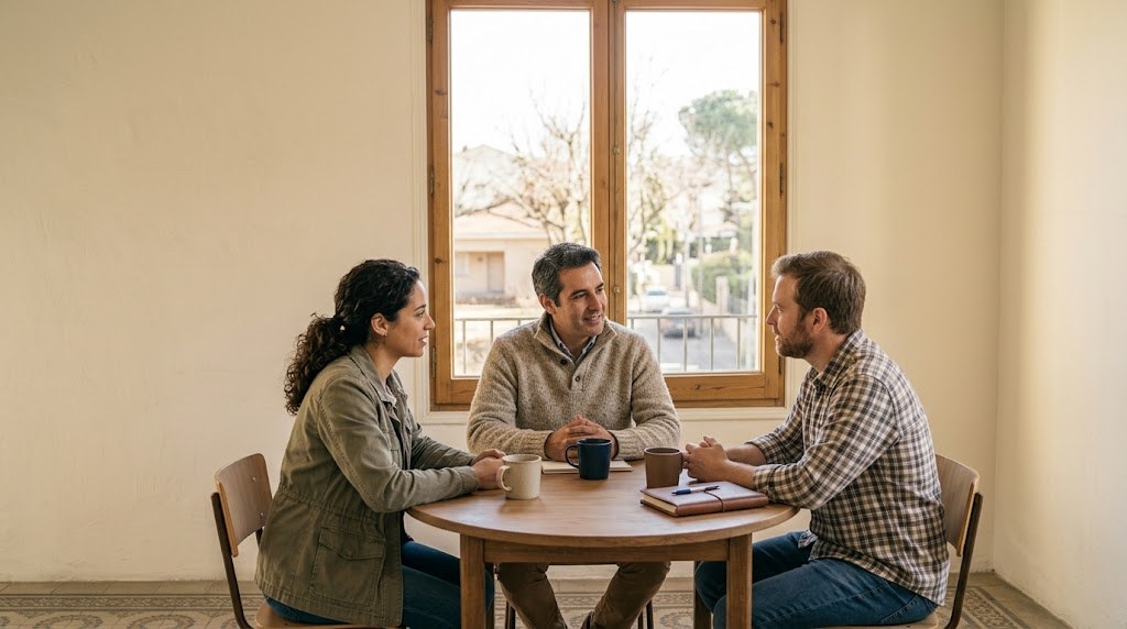 A microschool director talks with two parents across a small round table in a quiet meeting room (illustrative image)