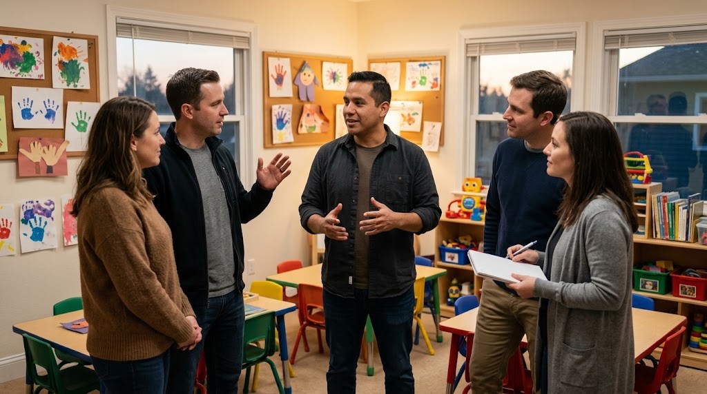 A microschool founder talks with two couples of parents during an open house in a cozy classroom decorated with children's artwork (illustrative image)